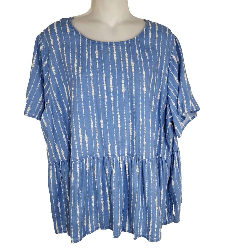 Denim & Co Naturals Womens Printed Linen Blend Peplum Blouse Large Blue A396104